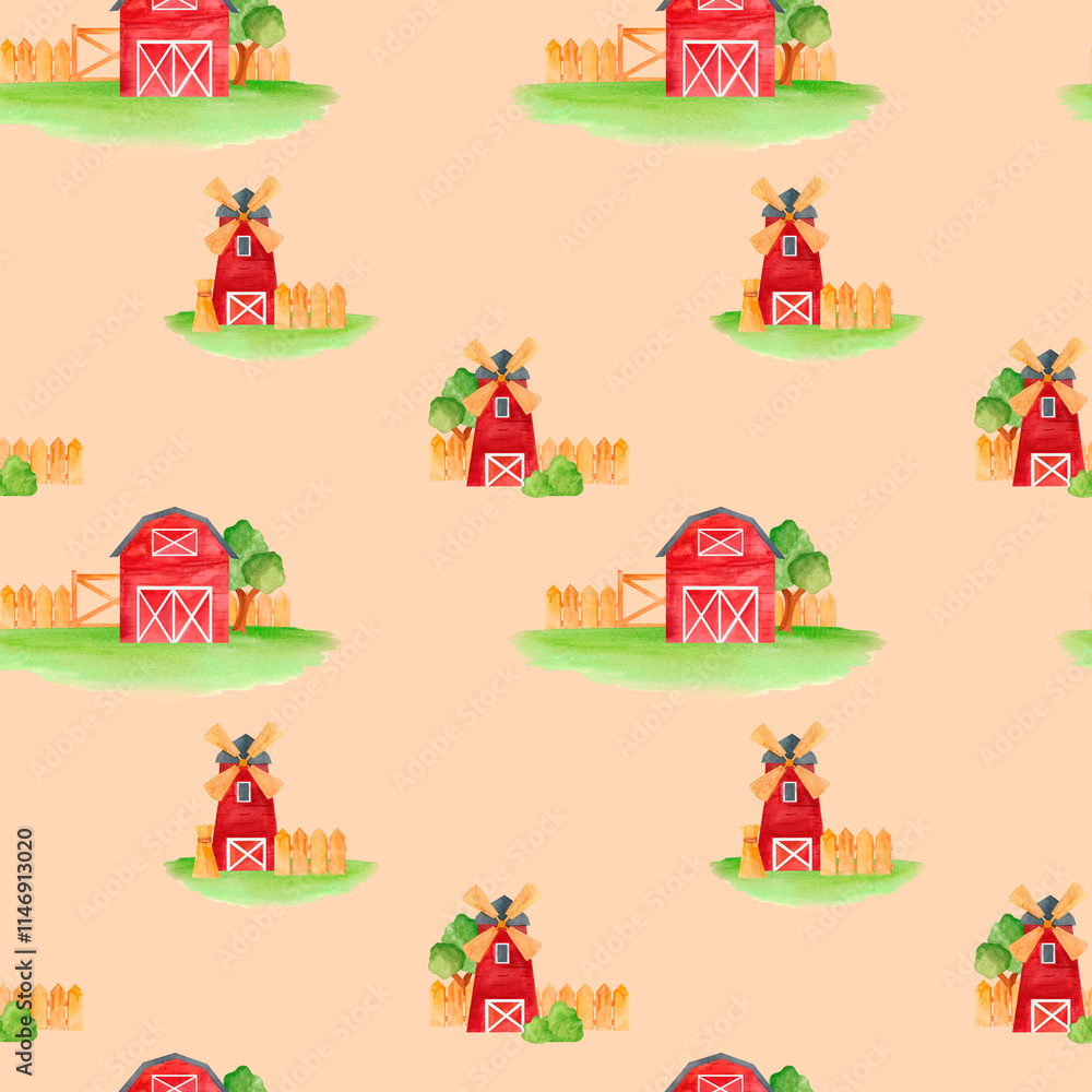 Obraz premium Farmyard settings with wooden fences, red barns, and windmills. A seamless watercolor pattern. Perfect for rustic decor, eco-friendly crafts, and countryside-inspired stationery