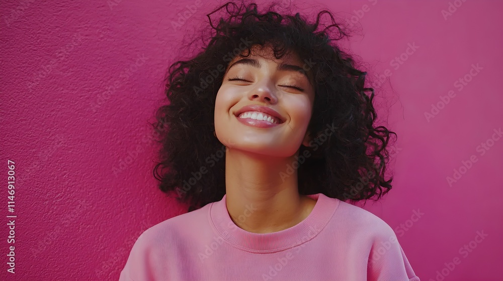Young woman smiles brightly against a vibrant pink wall in casual sweater Young woman smiles brightly against a vibrant pink wall in casual sweater