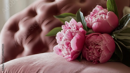 Fototapeta Naklejka Na Ścianę i Meble -  Pink peonies on a soft velvet cushion, close-up shot, Minimalist style