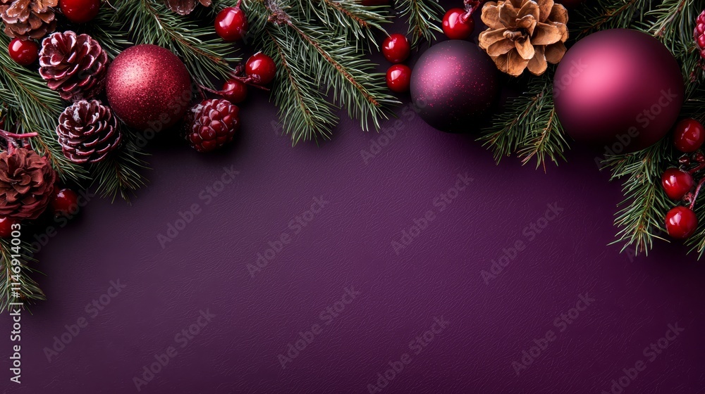 A purple background with red and gold ornaments and pine cones A purple background with red and gold ornaments and pine cones