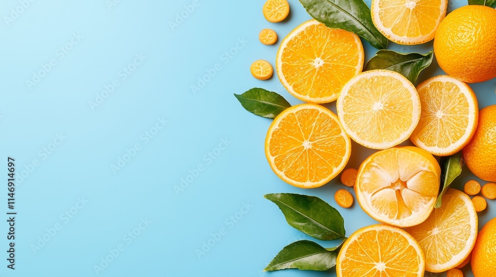 A bunch of oranges with leaves on a blue background A bunch of oranges with leaves on a blue background