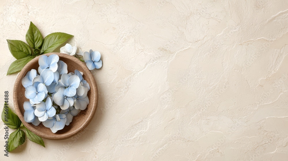 A wooden bowl filled with blue flowers on top of a table A wooden bowl filled with blue flowers on top of a table