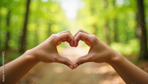 Heart-shaped peace sign made with hands in a spring forest setting

 photo