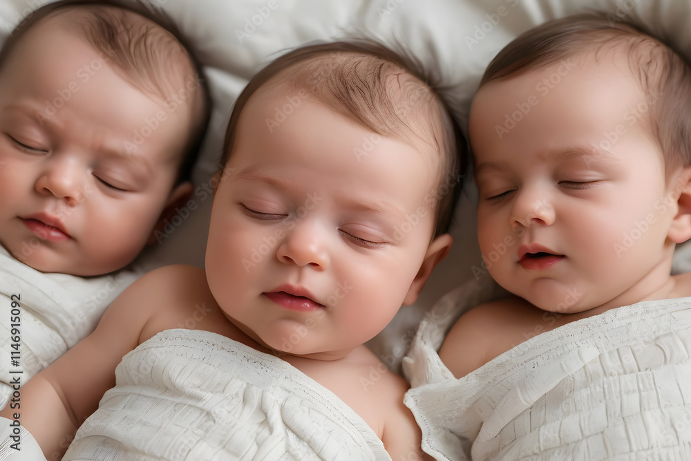 Three newborn babies sleeping peacefully together wrapped in blankets Three newborn babies sleeping peacefully together wrapped in blankets