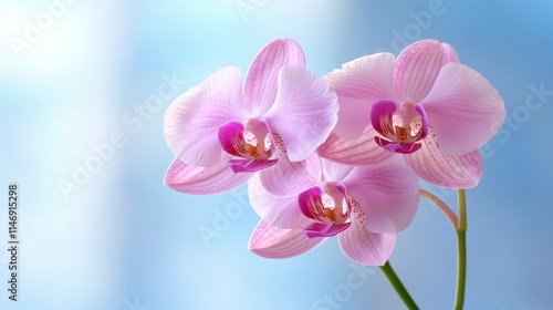 A close up of two pink orchids on a blue background