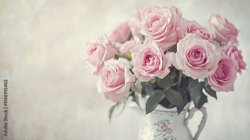 Obraz premium Pink roses in a vintage porcelain vase, soft focus shot, Minimalist style