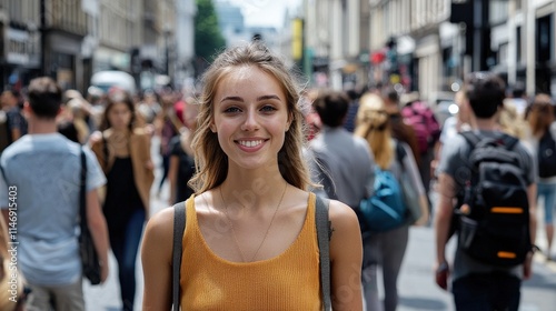 A busy street filled with a mix of people from different walks of life, with a stylish woman in sharp focus, her confident gaze meeting the camera