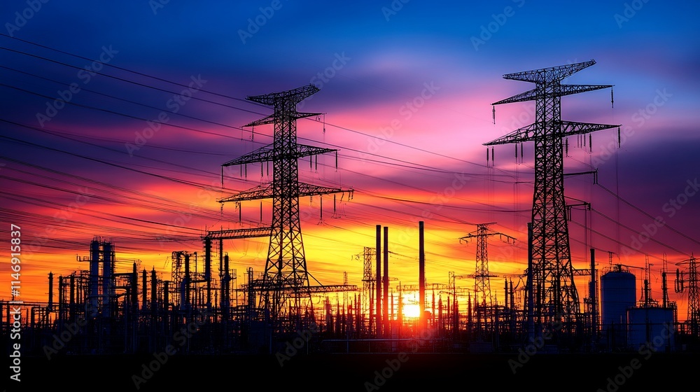 Fototapeta premium Silhouetted power pylons and industrial plant at sunset.