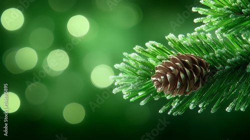 A pine cone on a branch of a tree with green lights in the background