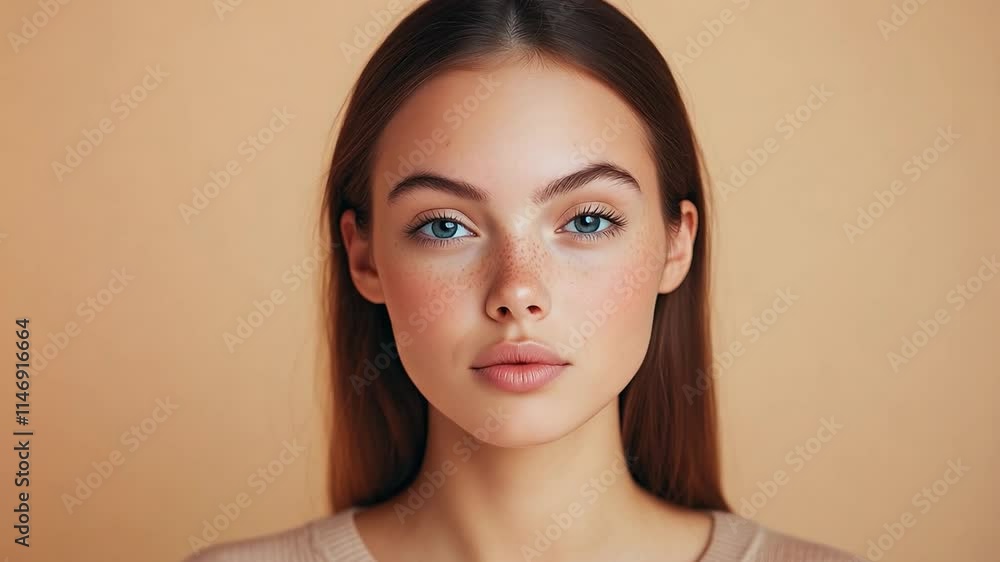 Closeup of a young woman with striking blue eyes and flawless skin, showcasing a natural look with soft lighting on a warm beige background Closeup of a young woman with striking blue eyes and flawless skin, showcasing a natural look with soft lighting on a warm beige background