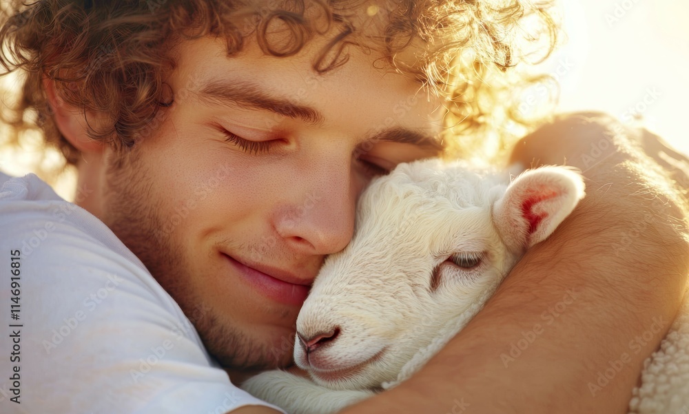 Caring interaction between man and lamb outdoor farm setting emotional bond natural light close-up perspective Caring interaction between man and lamb outdoor farm setting emotional bond natural light close-up perspective