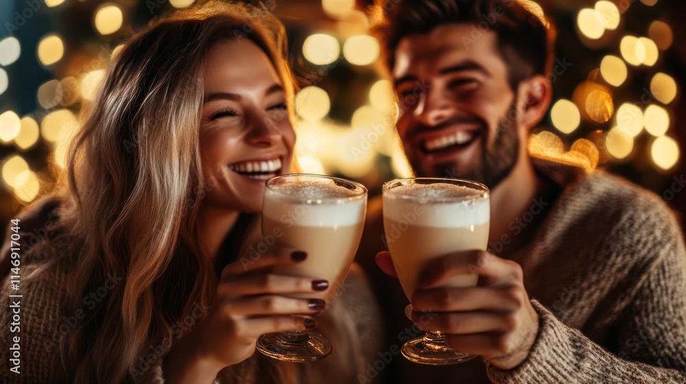 Happy couple toasting with warm drinks by festive lights. Happy couple toasting with warm drinks by festive lights.
