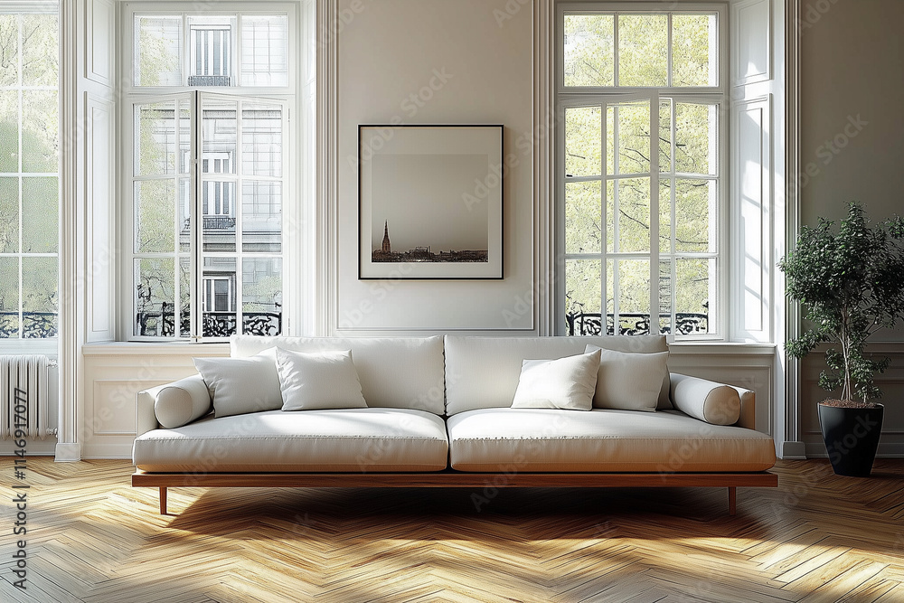 White sofa on wooden parquet. Minimalist, scandinavian home interior design of modern living room. White sofa on wooden parquet. Minimalist, scandinavian home interior design of modern living room.