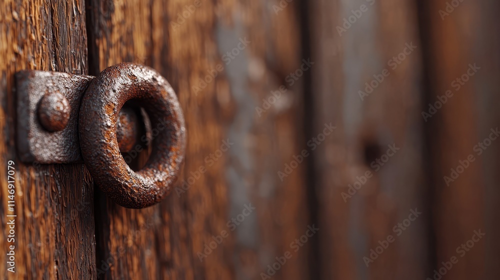 A rusty metal ring on a wooden door A rusty metal ring on a wooden door