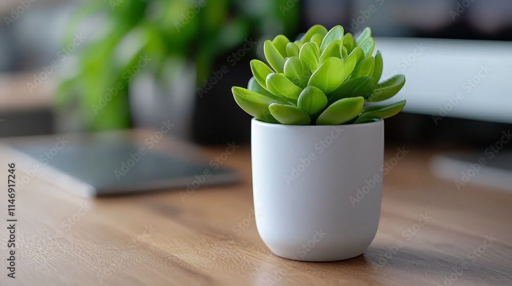 A small green plant in a white pot on a wooden table A small green plant in a white pot on a wooden table