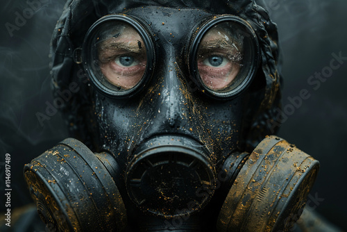 Close-up of a person wearing protective gear, costume, hazmat suit, mask, and goggles generative AI photo