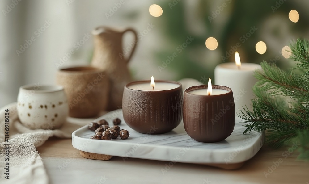 Decorative mocha mousse candle set on a marble tray, styled with modern ceramic pieces and a hint of greenery. Decorative mocha mousse candle set on a marble tray, styled with modern ceramic pieces and a hint of greenery.