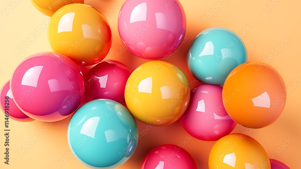 Group of glossy colorful balloons on smooth pastel background with text space