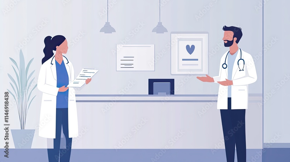 Two doctors in white coats discussing medical documents in a clinic reception area.