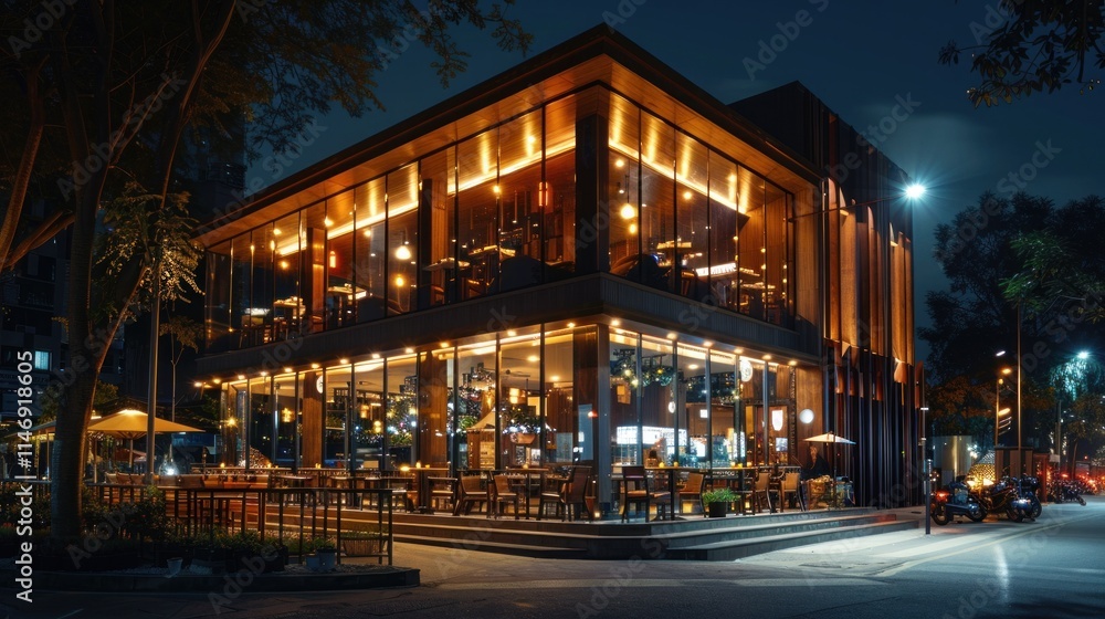 Night View of a Modern Restaurant with Warm Lighting Night View of a Modern Restaurant with Warm Lighting