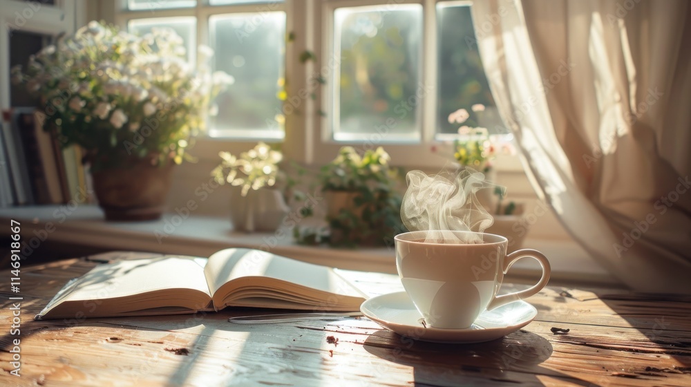 Cozy Morning: A Cup of Warmth and a Book by the Window Cozy Morning: A Cup of Warmth and a Book by the Window