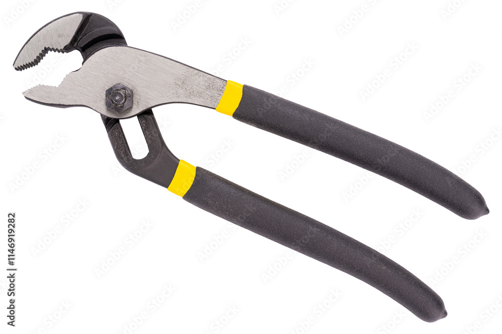 Groove Joint Pliers. White isolated background. Hand held tool for working men. Plastic and metal hardware metallic black handle. Equipment for tool box for house. Yellow black and metal color Pliers Groove Joint Pliers. White isolated background. Hand held tool for working men. Plastic and metal hardware metallic black handle. Equipment for tool box for house. Yellow black and metal color Pliers