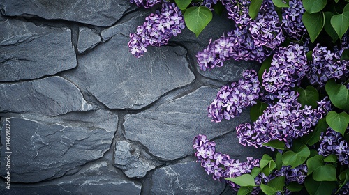 Purple lilacs against a cool gray stone wall, close-up shot, Minimalist style photo