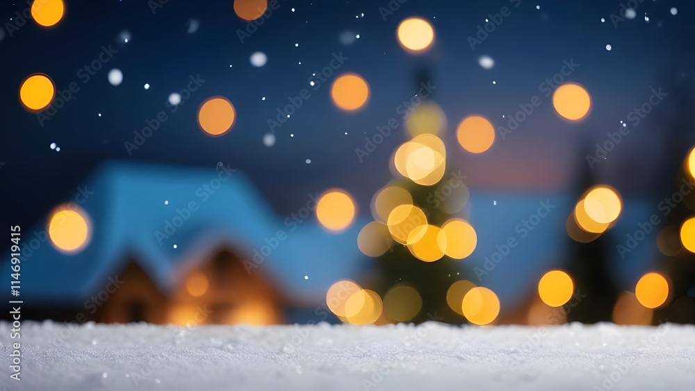 Snow falling on christmas tree and wooden house with golden blurred lights at twilight Snow falling on christmas tree and wooden house with golden blurred lights at twilight