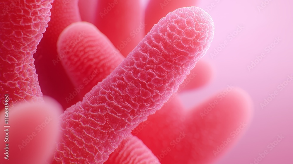 A close up of a red bacterium on a pink background A close up of a red bacterium on a pink background