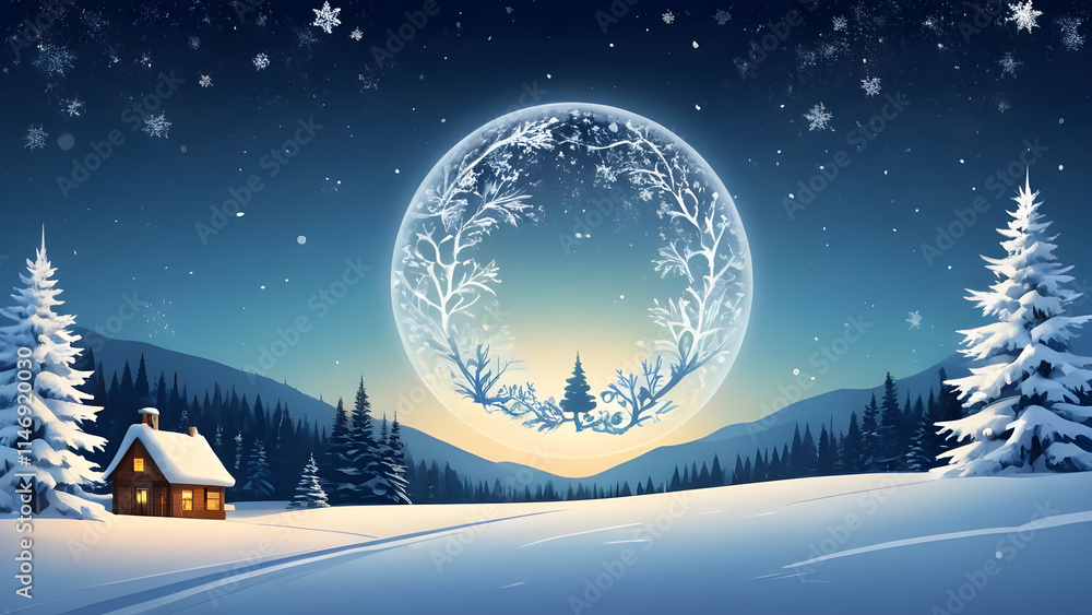Naklejka premium Illuminated christmas globe shining over a snowy landscape at night