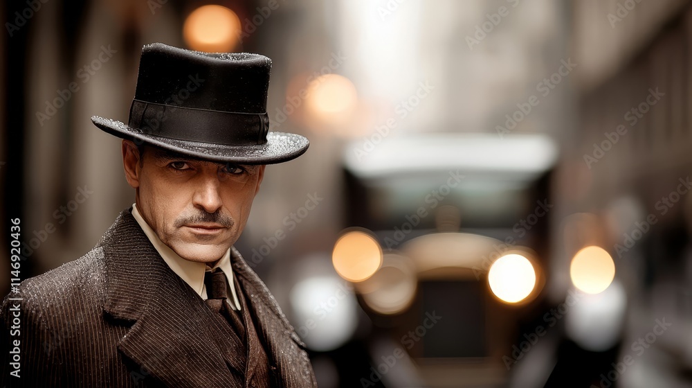 A man in a suit and hat standing in front of a car A man in a suit and hat standing in front of a car
