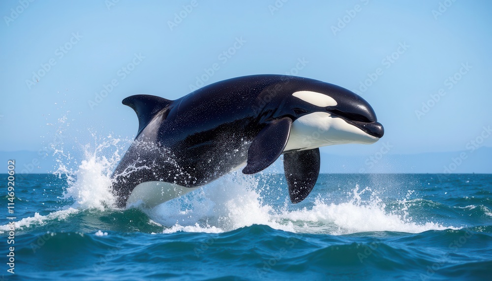Obraz premium A majestic orca leaps out of the ocean, creating a splash against a clear blue sky. The image captures the power and grace of this marine mammal, highlighting its striking black and white coloration