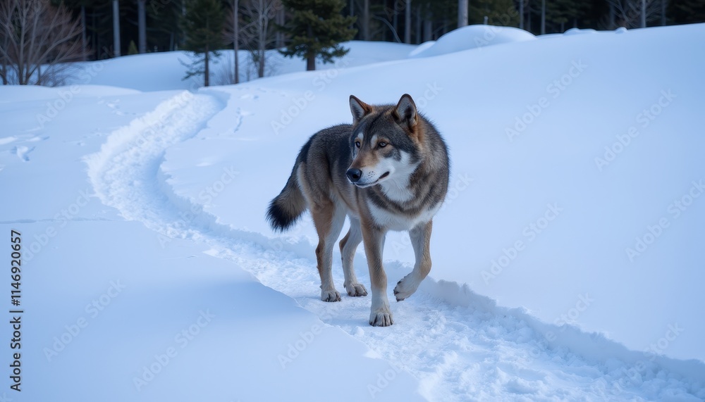 A majestic wolf walking through a serene snowy landscape, following a cleared path. The wolf's thick fur is well-suited for the cold environment, with trees in the background enhancing the scene's nat A majestic wolf walking through a serene snowy landscape, following a cleared path. The wolf's thick fur is well-suited for the cold environment, with trees in the background enhancing the scene's nat