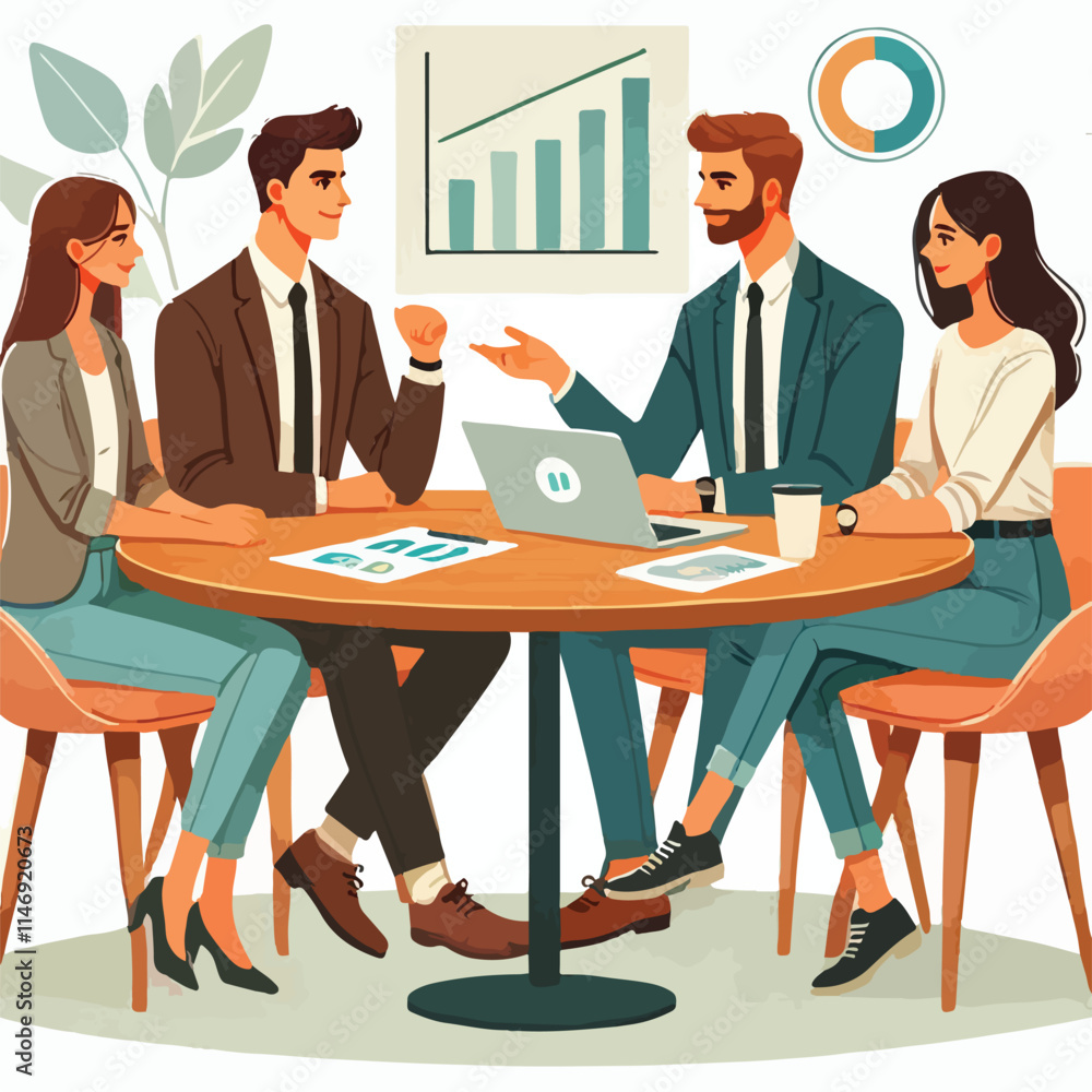 Partners meeting for business discussion with documents and laptop on desk. Couple at round table, speaking, discussing work, partnership. Flat vector illustration isolated on white background Partners meeting for business discussion with documents and laptop on desk. Couple at round table, speaking, discussing work, partnership. Flat vector illustration isolated on white background