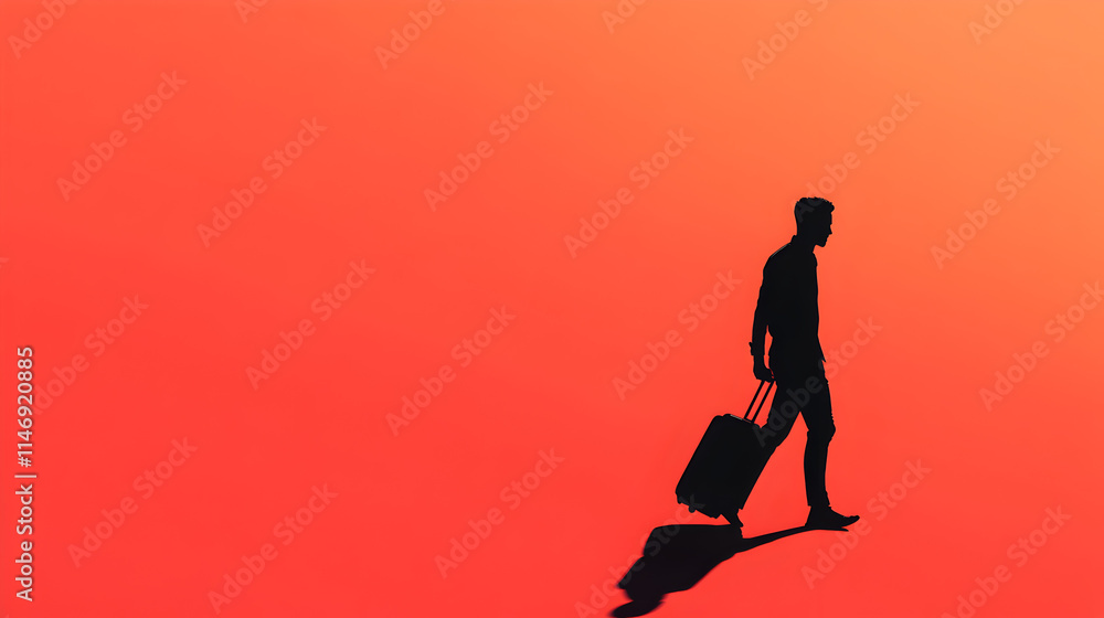 An abstract design of a person with a suitcase walking in an airport, symbolizing travel and adventure. Travel at airport.