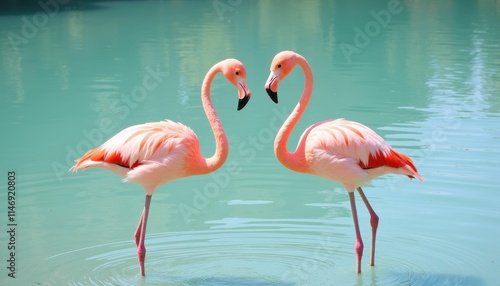 Two flamingos stand in shallow turquoise water, facing each other with their necks curved gracefully. Their pink feathers contrast beautifully with the water, creating a serene and picturesque scene