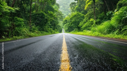 Serene Journey Through Lush Green Forest: A Scenic Drive on a Rainy Day