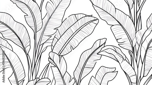 Seamless pattern of outlined banana leaves on white background.