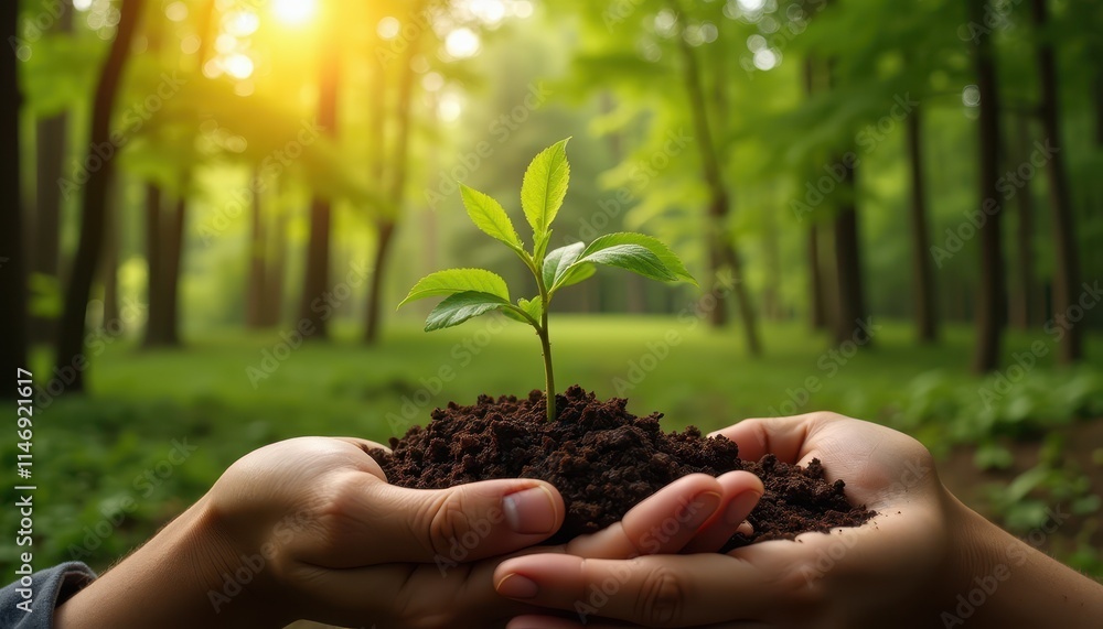 Hands cradle a small plant with green leaves and soil, set against a lush forest background. Sunlight filters through the trees, symbolizing growth, nurturing, and environmental conservation Hands cradle a small plant with green leaves and soil, set against a lush forest background. Sunlight filters through the trees, symbolizing growth, nurturing, and environmental conservation