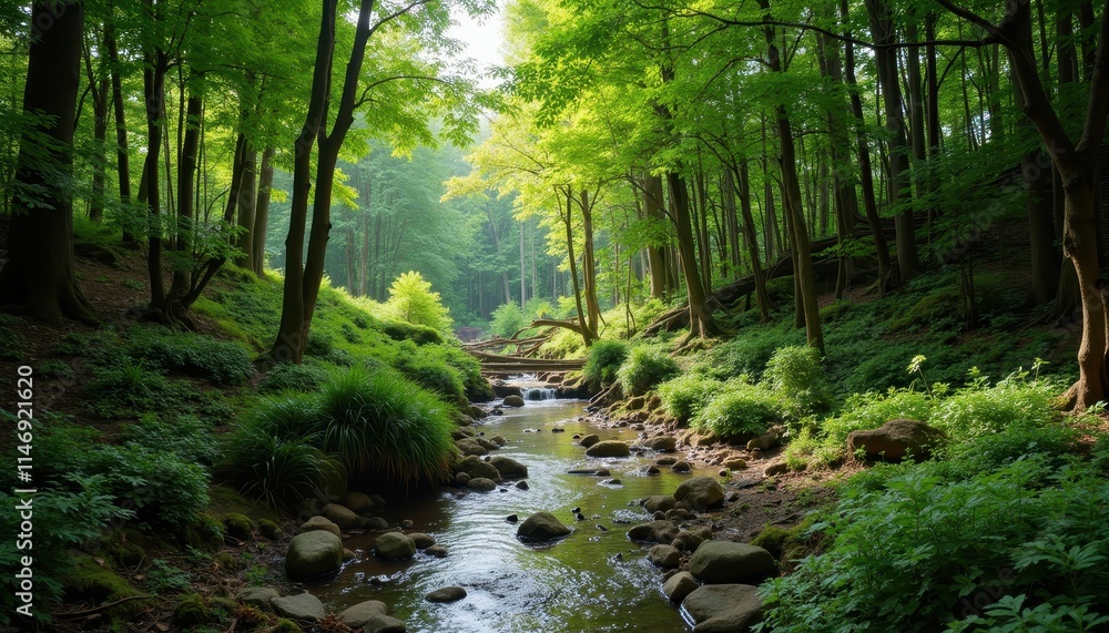 A serene forest scene with a small stream flowing through the middle, surrounded by lush green foliage and tall trees. Sunlight filters through the canopy, creating a peaceful and picturesque atmosphe A serene forest scene with a small stream flowing through the middle, surrounded by lush green foliage and tall trees. Sunlight filters through the canopy, creating a peaceful and picturesque atmosphe