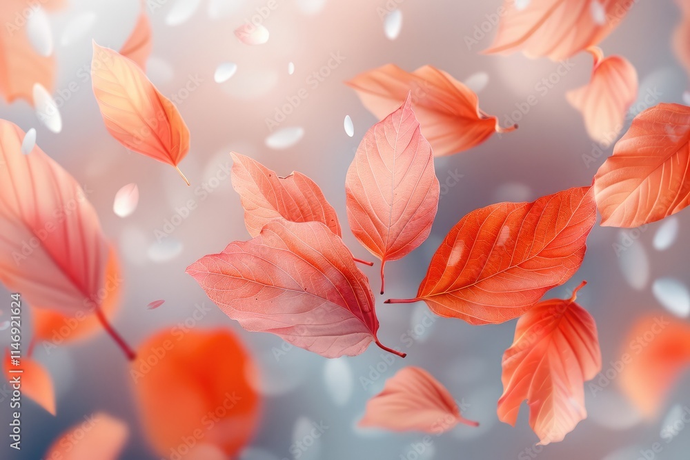 Fototapeta premium A vibrant red and orange baby leaves, their delicate petals swirling in the wind against an abstract background of soft pastel colors.