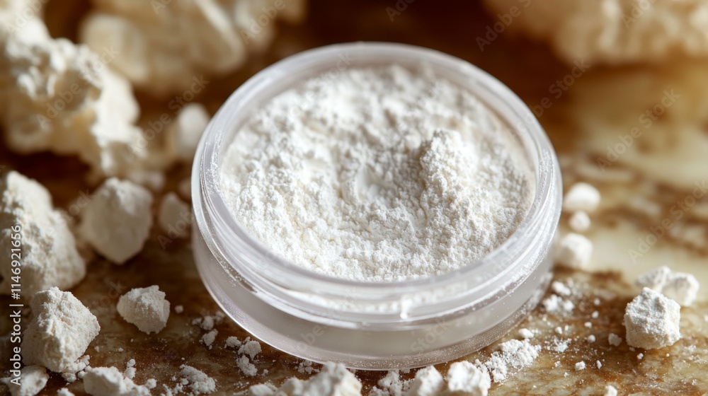 White Powder In A Clear Container Surrounded By Chunks White Powder In A Clear Container Surrounded By Chunks