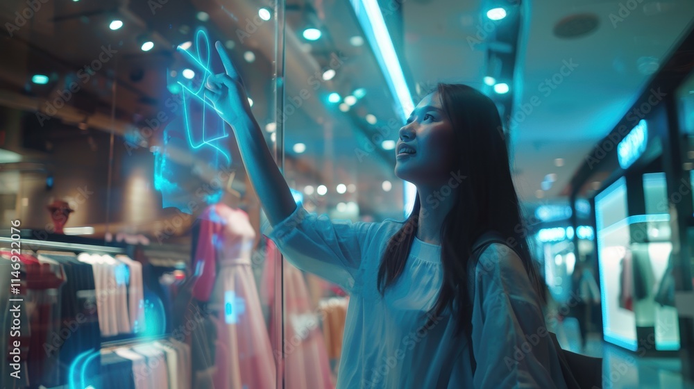 Fototapeta premium Futuristic AR shopping settings with hologram. Digital shopping concept.