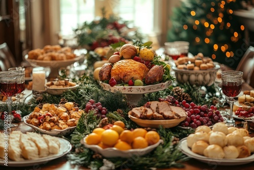 Festive Table Setting with Abundant Holiday Foods photo