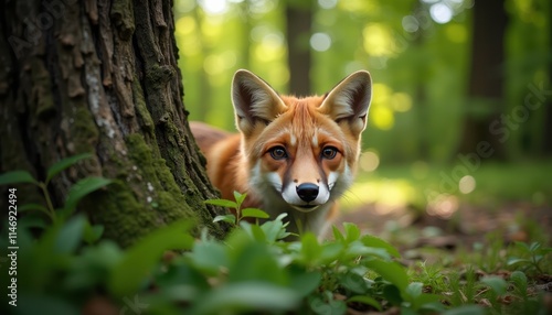 A fox is partially hidden behind a tree in a forest, with its ears and part of its body visible. The scene is lush and green, indicating a vibrant, natural environment photo