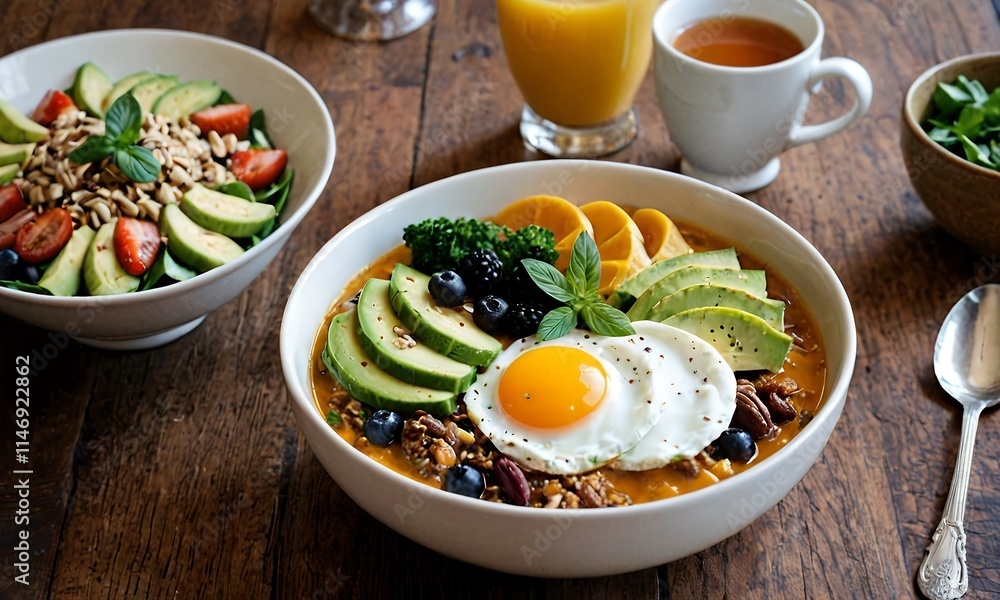 The bowls contain a mixture of grains, vegetables, fruits and eggs. Balanced and nutritious meals. The bowls contain a mixture of grains, vegetables, fruits and eggs. Balanced and nutritious meals.