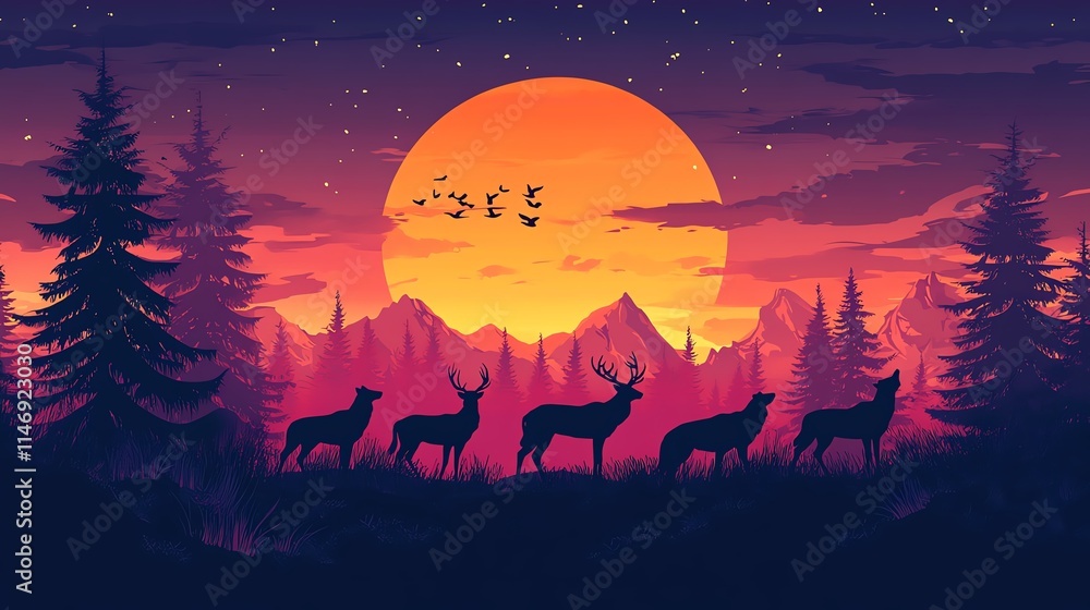 Fototapeta premium Silhouette of deer against a vibrant sunset in a forest setting.