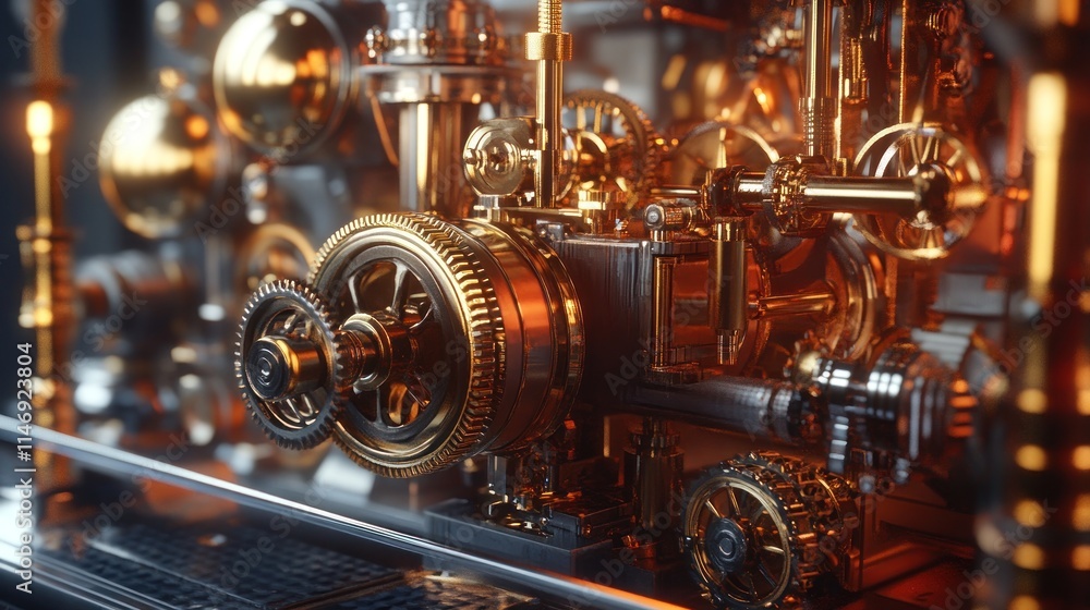 Fototapeta premium Close-up of intricate gold steampunk machinery with gears and pipes.