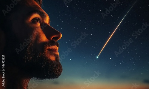 Man gazing at a shooting star, his expression awash with wonder and hope, starry night sky stretching infinitely behind him, soft shadows on his face, .