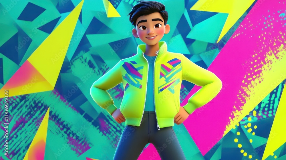 3D cartoon Asian teen boy in a neon green jacket 3D cartoon Asian teen boy in a neon green jacket
